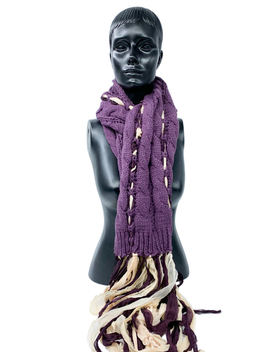 Upcycled Sari Ribbon Silk  on Knitted Cable Scarf/ Boho Scarf
