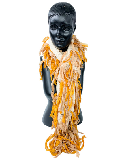 Upcycled Sari Ribbon Silk  on Knitted Cable Scarf/ Boho Scarf