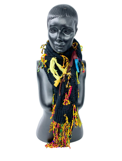Upcycled Sari Ribbon Silk  on Knitted Cable Scarf/ Boho Scarf