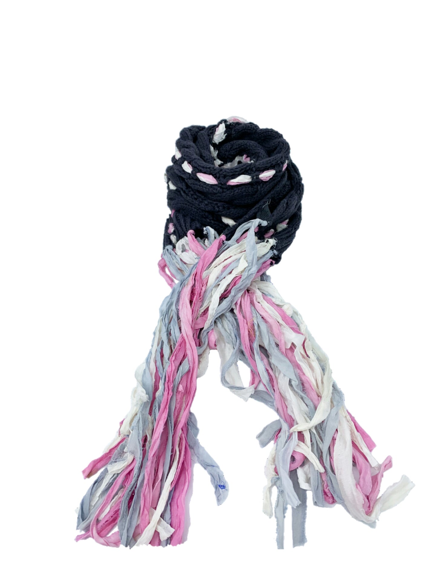 Upcycled Sari Ribbon Silk  on Knitted Cable Scarf/ Boho Scarf