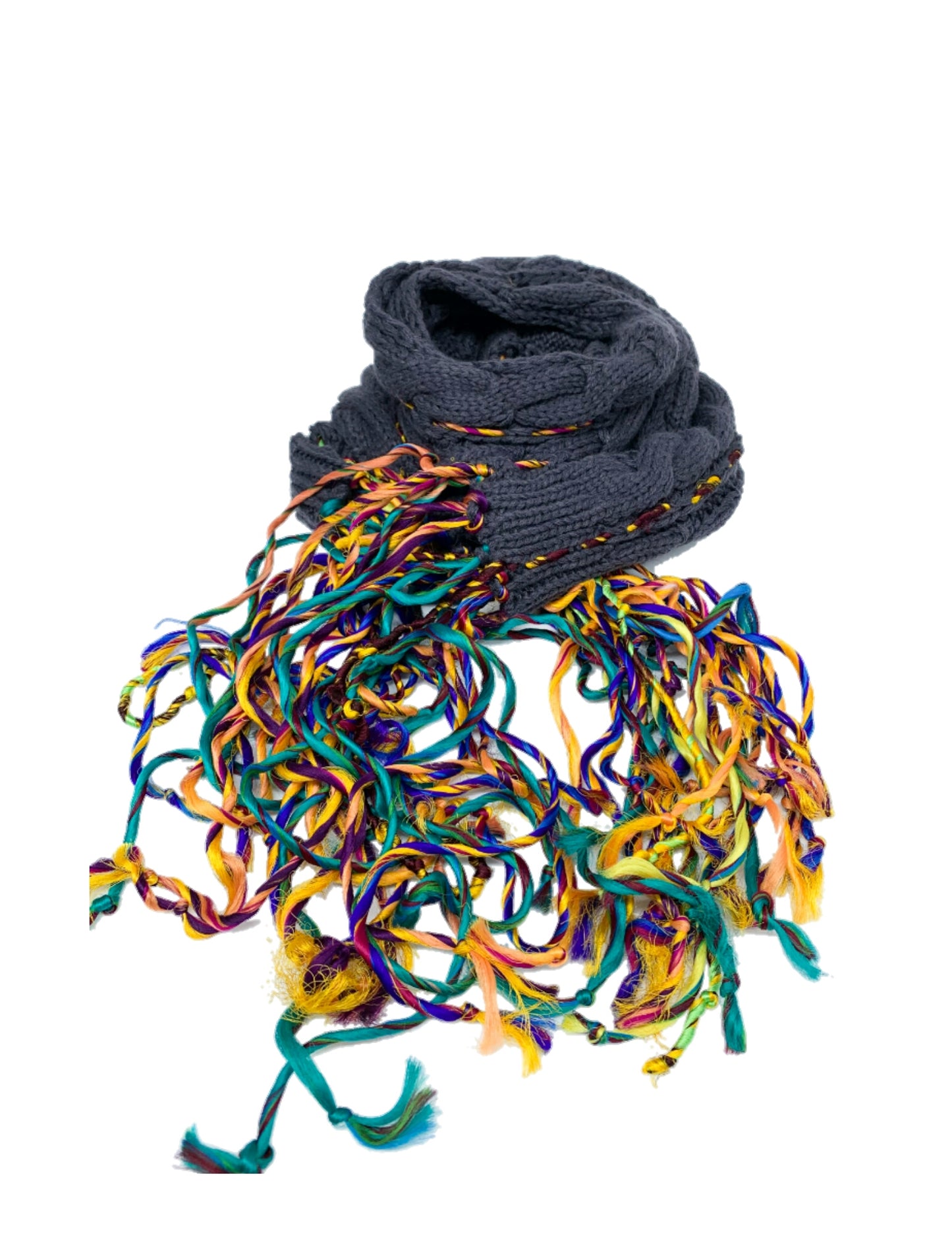 Upcycled Sari Ribbon Silk  on Knitted Cable Scarf/ Boho Scarf