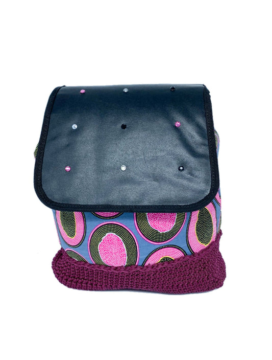 Cute Crochet Backpack with Ankara African Fabric - Weekend Bag for Mom. Boho Tote or Cross Body Duffle , Daughter Birthday, Back to School Gift