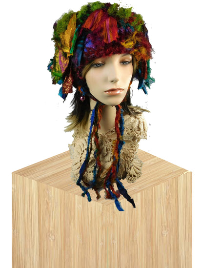 Vimbai Madya Handmade Felted Wool Crocheted Recycled Sari Ribbon Hat