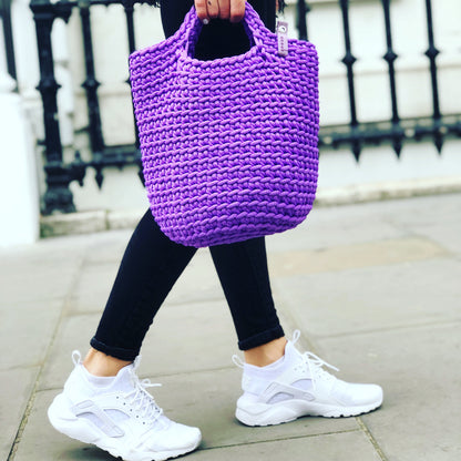 Scandinavian Handmade Crochet Tote Bag Short Handles Royal Purple
