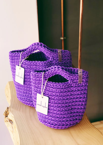 Scandinavian Handmade Crochet Tote Bag Short Handles Royal Purple