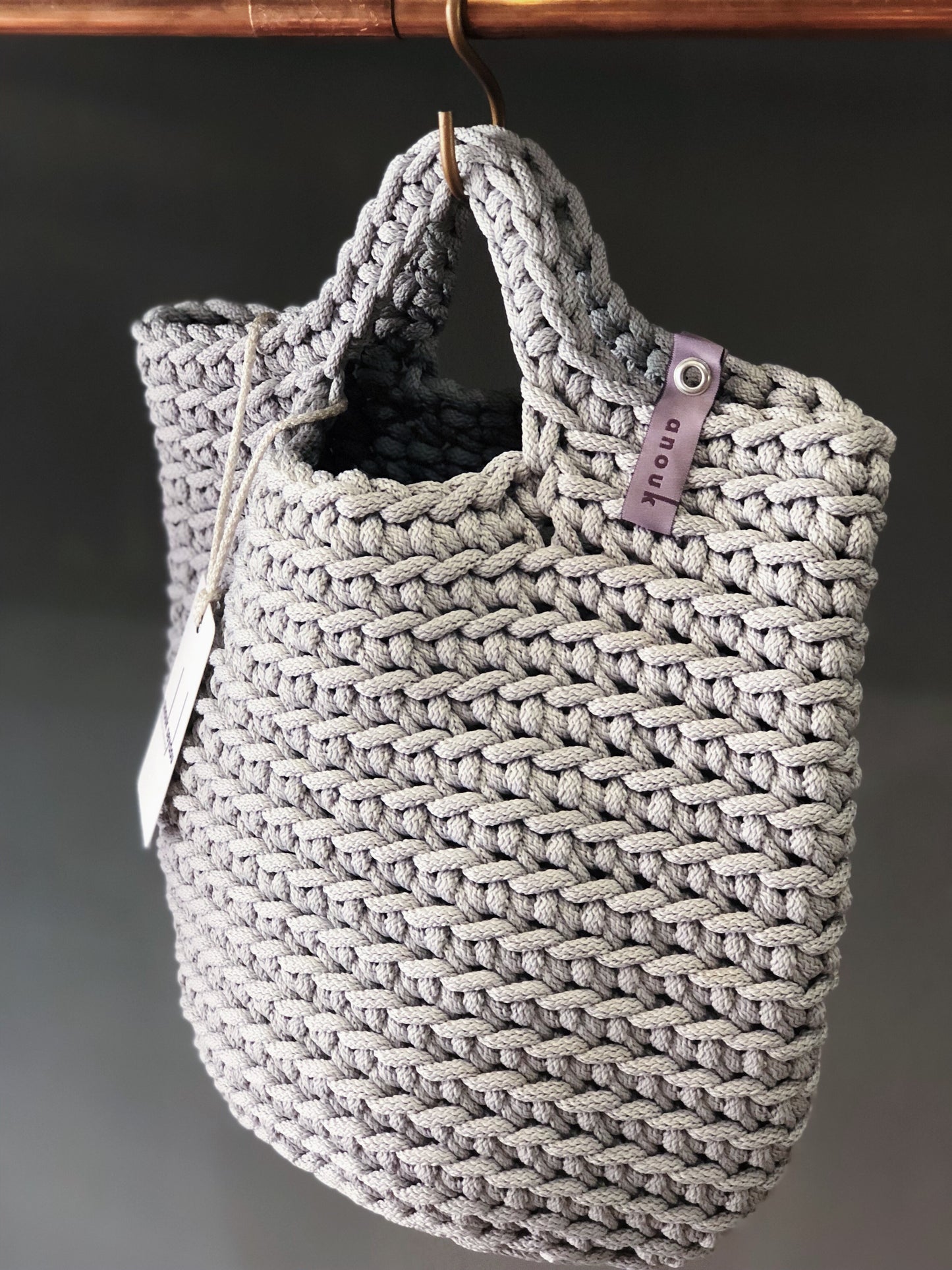 Scandinavian Style Handmade Crochet Tote Bag Short Handles Silver Hair