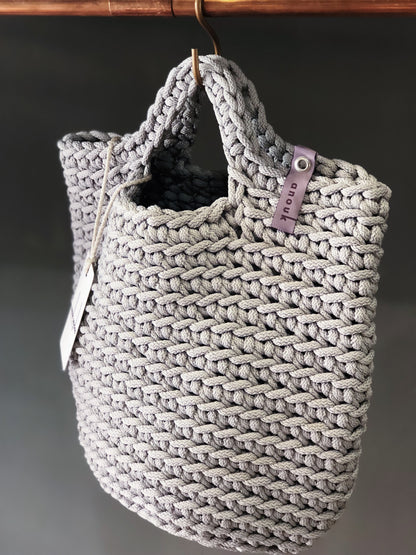 Scandinavian Style Handmade Crochet Tote Bag Short Handles Silver Hair