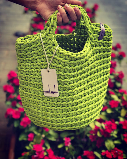 Scandinavian Style Handmade Crochet Tote Bag with Small Handles Spring Green