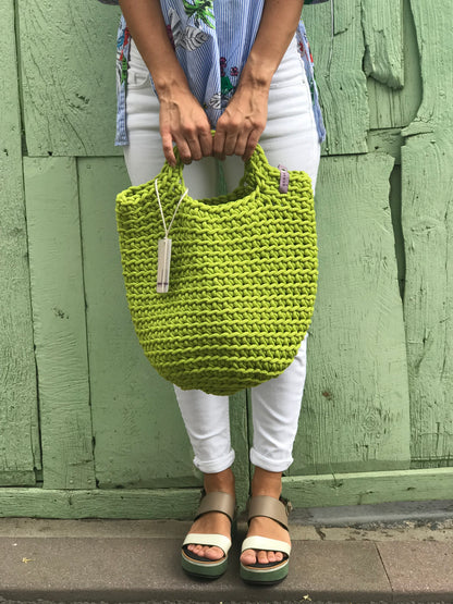 Scandinavian Style Handmade Crochet Tote Bag with Small Handles Spring Green