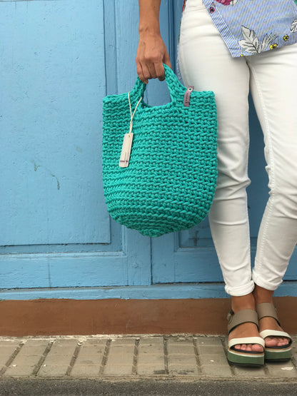 Scandinavian Style Handmade Crochet Tote Bag Teal with Short Handles