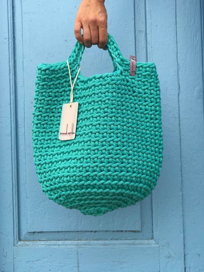 Scandinavian Style Handmade Crochet Tote Bag Teal with Short Handles
