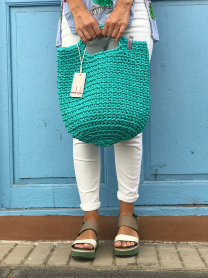 Scandinavian Style Handmade Crochet Tote Bag Teal with Short Handles