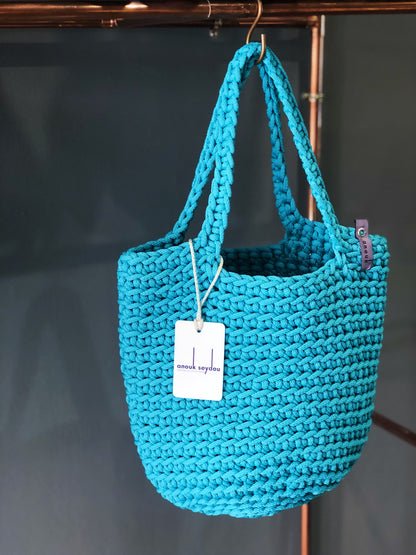 Scandinavian Style Handmade Crochet Tote Bag  with Long Handles Teal