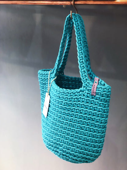 Scandinavian Style Handmade Crochet Tote Bag Teal with Long Handles